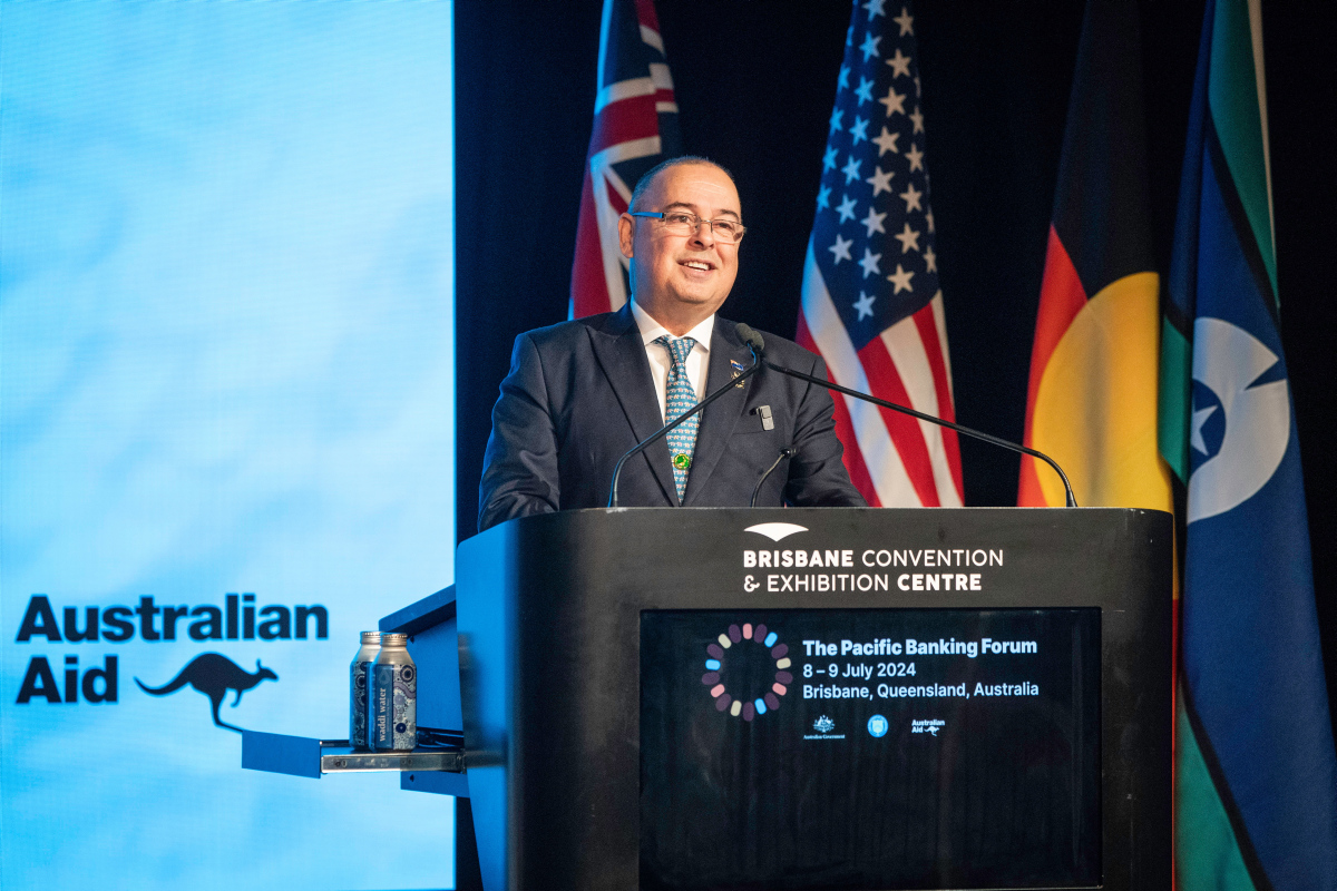 Photo Caption: Cook Islands Prime Minister Mark Brown addresses the Pacific Banking Forum in Brisbane. Photo Courtesy: Pacific Islands News Association/ Australian government.