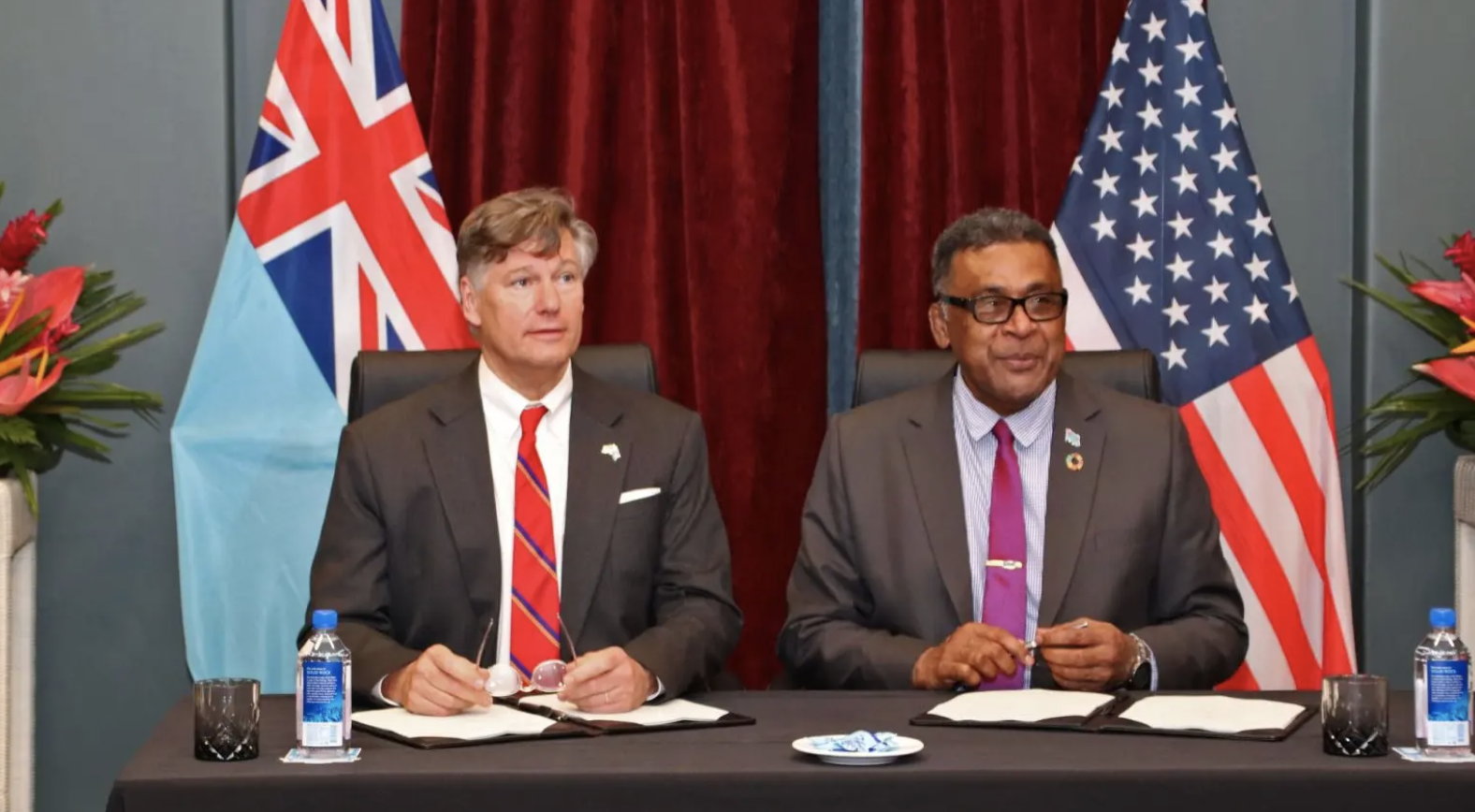 The Compact Development Funding Agreement was signed on Saturday by U.S. Deputy Secretary of State Christopher Landau and Fiji’s Minister for Finance, Commerce and Business Development, Esrom Immanuel. Pic: Fiji Government